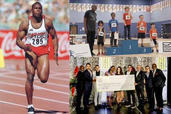 Bruny Surin lors d'une compétition d'athlétisme, partenaire de projets soutenus par le Groupe VP de de la Financière Banque Nationale.