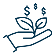 Illustration d'une main qui tient un plante en croissance et des signes de dollars flottants au dessus.