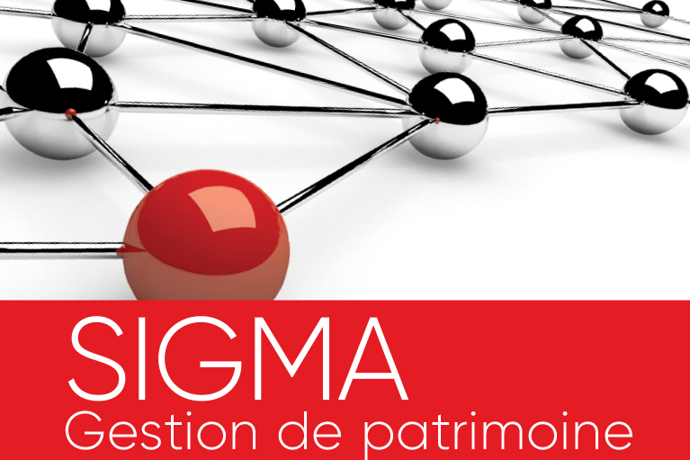 Billes de couleur argent et une bille rouge toutes interreliées et texte par dessus écrit SIGMA Gestion de patrimoine.