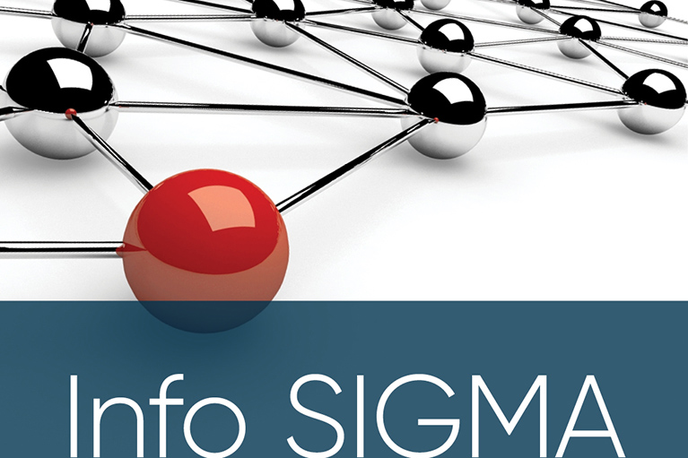 Billes de couleur argent et une bille rouge toutes interreliées et texte par dessus écrit info SIGMA.