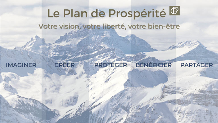 Visuel représentant le plan de prospérité en 5 étapes passant par la vision, l'enrichissement, la protection, le plan et l'héritage.